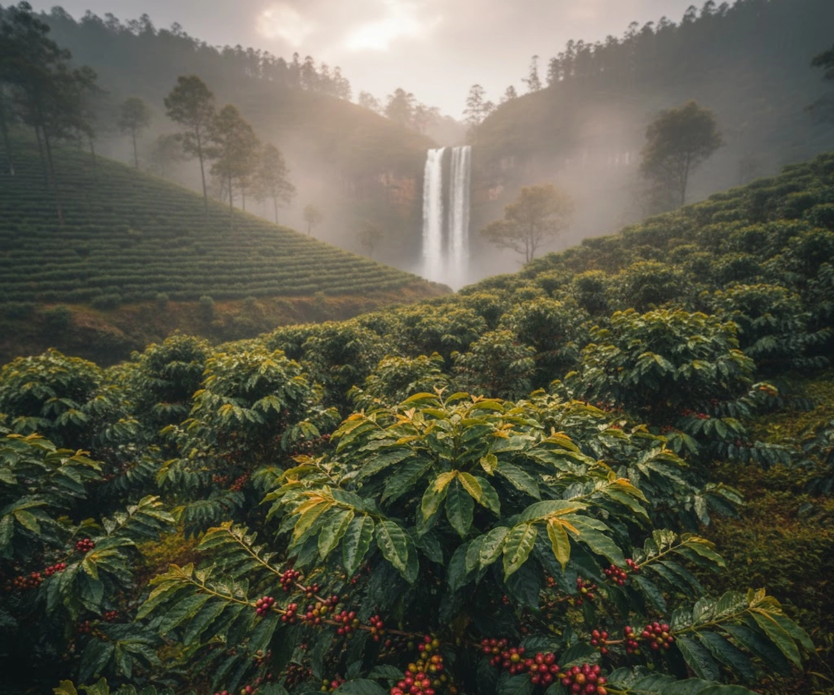 coffee plantation rows with mist of Coorg